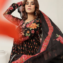 Cotton Calf Length Printed Full Sleeve V-Neck Flared Kurta Suit Set