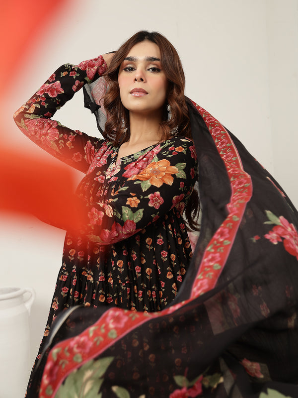 Cotton Calf Length Printed Full Sleeve V-Neck Flared Kurta Suit Set