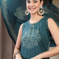 Gulmohar Jaipur Cotton Calf Length Printed Sleeveless Round Neck Straight Kurta Suit Set