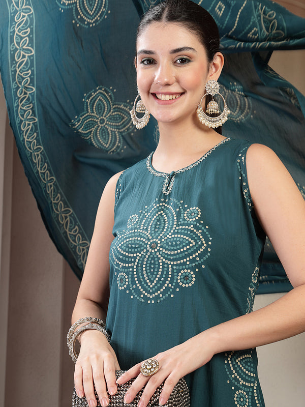 Gulmohar Jaipur Cotton Calf Length Printed Sleeveless Round Neck Straight Kurta Suit Set