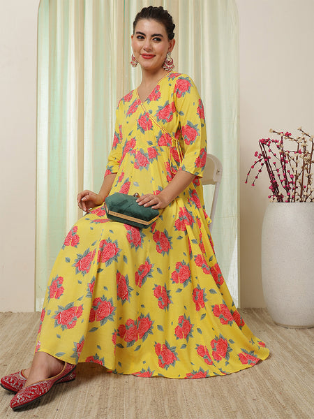 Yellow Rayon Calf Length Printed Flared V-Neck Kurta