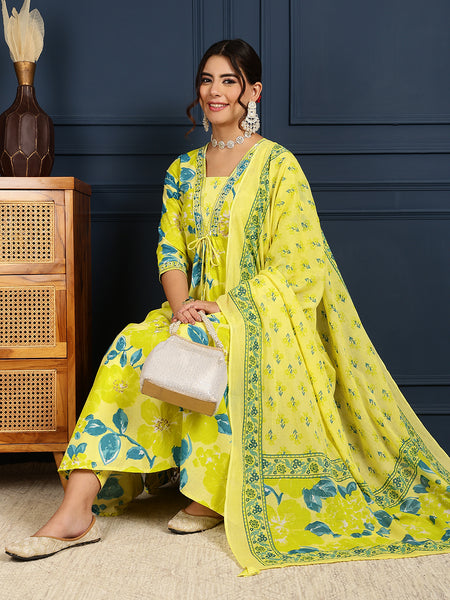 Lime Cotton Calf Length Printed V-Neck Flared Kurta Suit Set