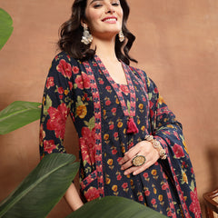 Cotton Calf Length Printed 3/4 Sleeves V-Neck Flared Kurta Suit Set