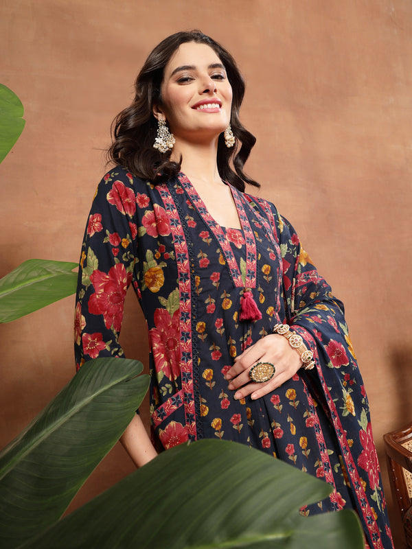 Cotton Calf Length Printed 3/4 Sleeves V-Neck Flared Kurta Suit Set