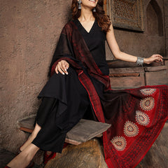 Gulmohar Jaipur Rayon Calf Length Solid Sleeveless V-Neck Straight Kurta Suit Set