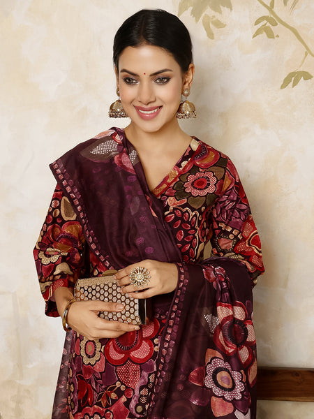 Maroon Rayon Calf Length Printed Round Flared Kurta Suit Set