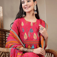 Gulmohar Jaipur Rayon Calf Length Printed 3/4 Sleeves Round Neck A-Line Kurta Suit Set