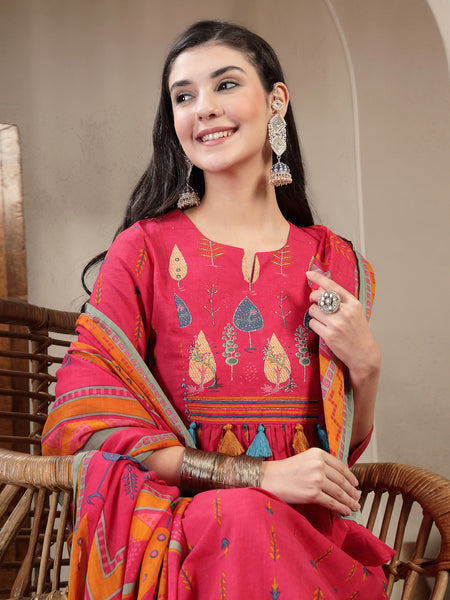 Gulmohar Jaipur Rayon Calf Length Printed 3/4 Sleeves Round Neck A-Line Kurta Suit Set