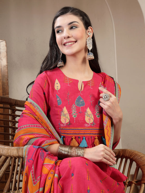 Gulmohar Jaipur Rayon Calf Length Printed 3/4 Sleeves Round Neck A-Line Kurta Suit Set