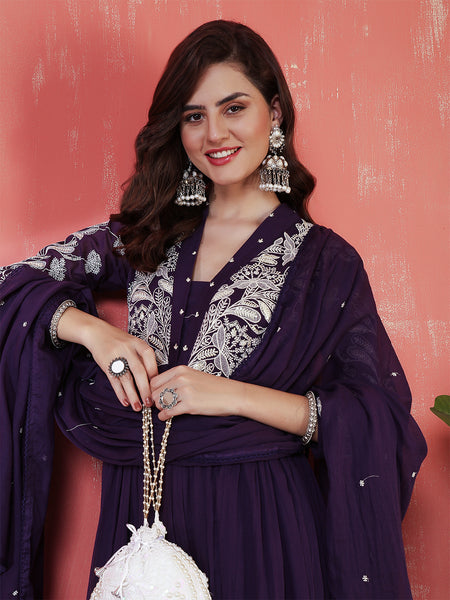 Purple Cotton Calf Length Solid 3/4 Sleeves V-Neck Anarkali Kurta Suit Set
