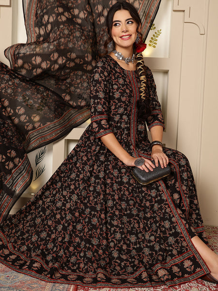 Black Cotton Calf Length Printed Round Anarkali Neck Kurta Suit Set