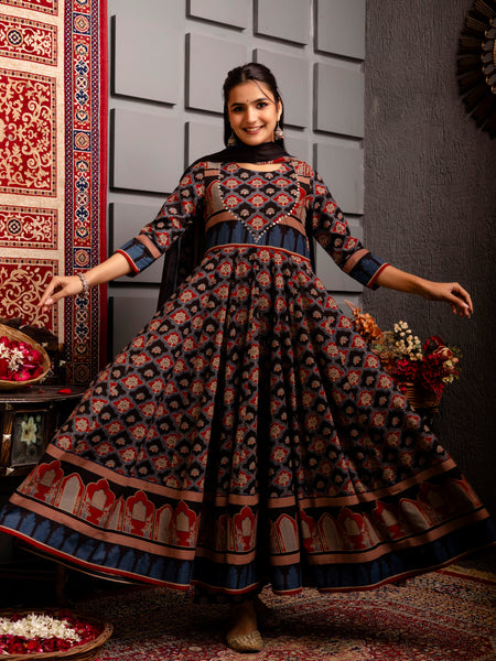 Navy Blue Cotton Calf Length Printed Anarkali Round Neck Kurta Suit Set