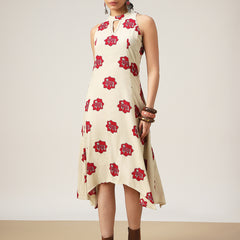 Rayon Calf Length Printed Sleeveless Round Neck Asymmetrical Dress