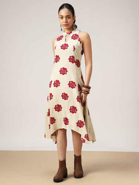 Rayon Calf Length Printed Sleeveless Round Neck Asymmetrical Dress