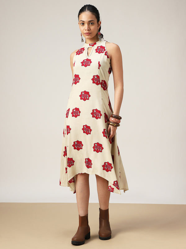 Rayon Calf Length Printed Sleeveless Round Neck Asymmetrical Dress