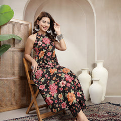 Cotton Calf Length Printed Sleeveless Round Neck Flared Kurta Suit Set