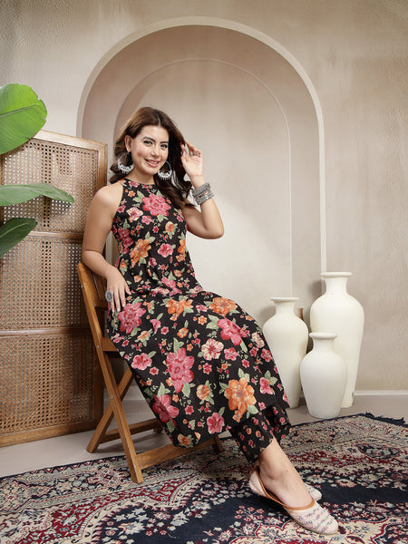 Cotton Calf Length Printed Sleeveless Round Neck Flared Kurta Suit Set