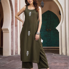 Gulmohar Jaipur Rayon Calf Length Solid Sleeveless Round Neck Straight Kurta Suit Set