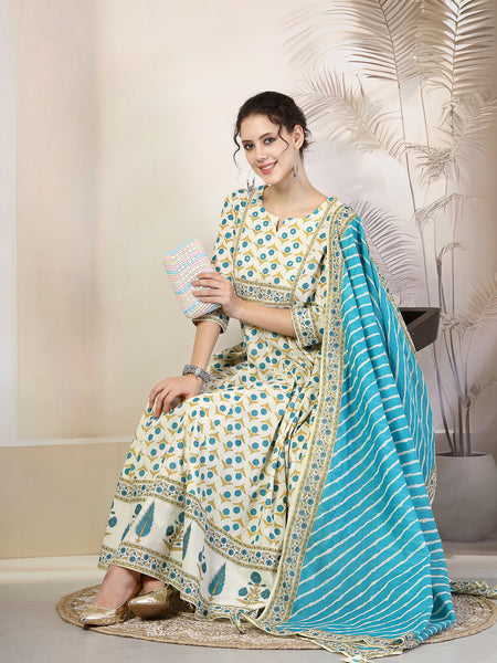 Rama Cotton Calf Length Printed Round Neck Anarkali Kurta Suit Set