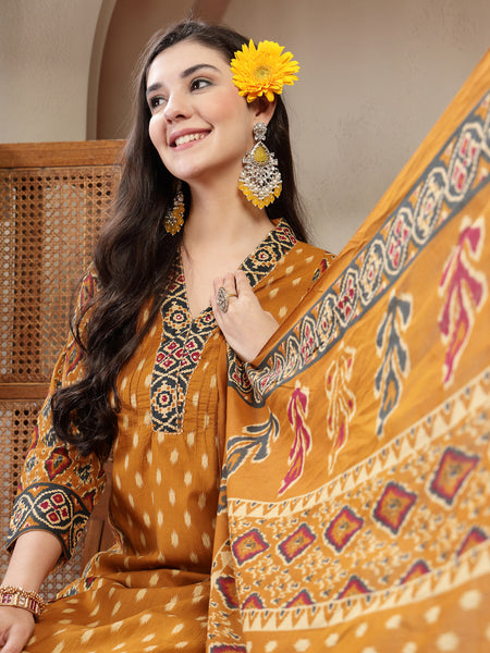 Gulmohar Jaipur Cotton Calf Length Printed 3/4 Sleeves V-Neck A-Line Kurta Suit Set