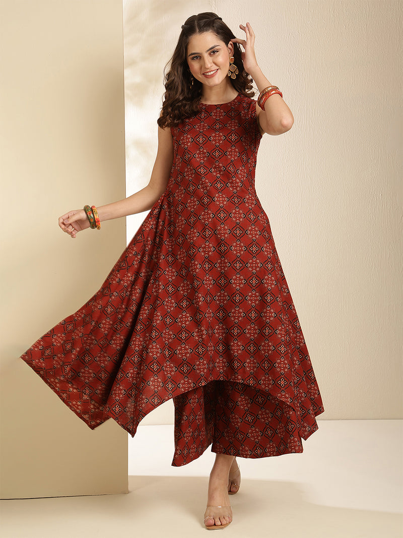 Maroon Rayon Printed Sleeveless Round Neck Asymmetrical Kurta Bottom Set