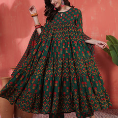 Cotton Calf Length Printed 3/4 Sleeves Key Hole Neck Anarkali Kurta Suit Set