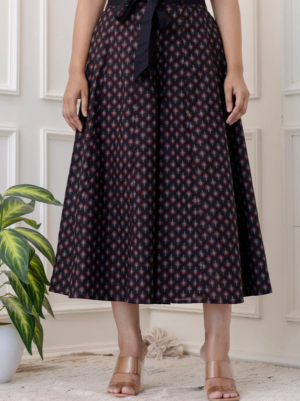 Blue Cotton Calf Length Printed Flared Palazzo