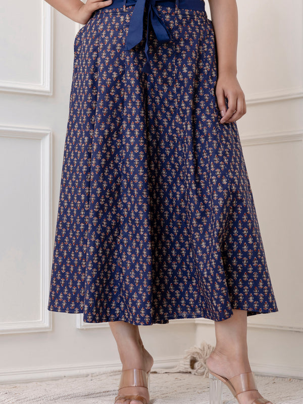 Blue Cotton Calf Length Printed Flared Palazzo