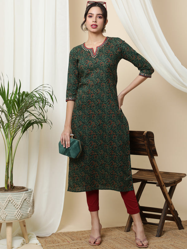 Cotton Calf Length Printed Straight 3/4 Sleeves Round Kurta