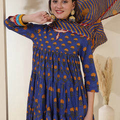 Cotton Calf Length Printed 3/4 Sleeves Key Hole Neck Anarkali Kurta Suit Set