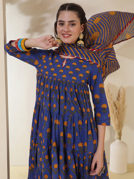 Cotton Calf Length Printed 3/4 Sleeves Key Hole Neck Anarkali Kurta Suit Set