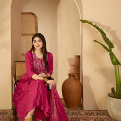 Cotton Calf Length Printed 3/4 Sleeves Round Neck Semi-Flared Kurta Suit Set