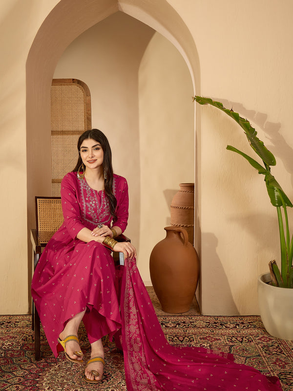 Cotton Calf Length Printed 3/4 Sleeves Round Neck Semi-Flared Kurta Suit Set