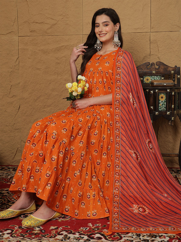 Kashish Pure Cotton Printed Round Neck Anarkali Kurta Suit Set