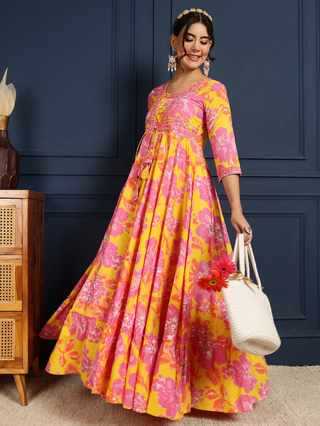 Yellow Cotton Ankle Length Printed V-Neck  Anarkali Gown