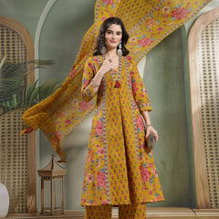 Cotton Calf Length Printed 3/4 Sleeves V-Neck Flared Kurta Suit Set