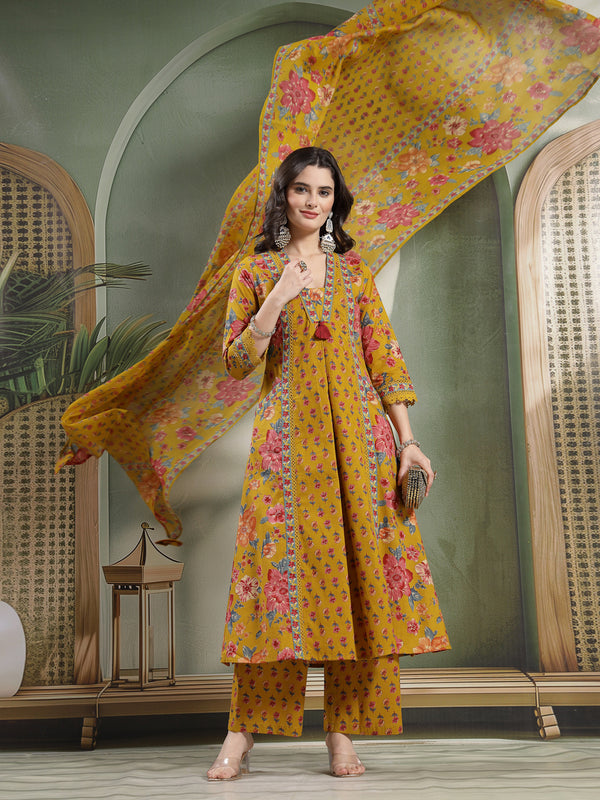 Cotton Calf Length Printed 3/4 Sleeves V-Neck Flared Kurta Suit Set