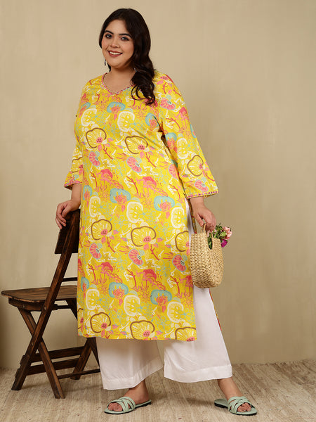 Rayon Calf Length Printed Straight 3/4 Sleeves V-Neck Kurta