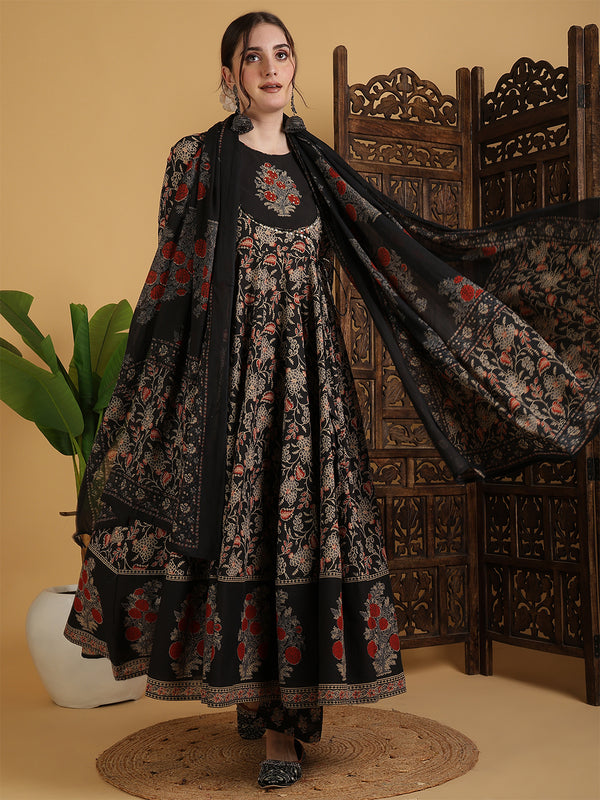 Black Pure Cotton Printed Hand-Work Anarkali Kurta Suit Set