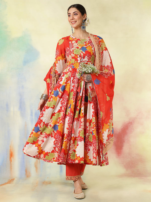 Blue Pure Cotton Printed Hand-Work Anarkali Kurta Suit Set
