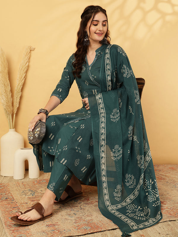 Rayon Calf Length Printed Straight 3/4 Sleeves V-Neck Kurta Bottom Dupatta Set