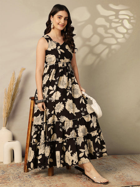 Cotton Calf Length Printed Flared Sleeveless Sweetheart Neck Dress