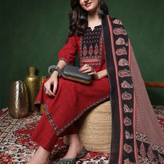 Maroon Rayon Calf Length Solid 3/4 Sleeves Round Neck Straight Kurta Suit Set