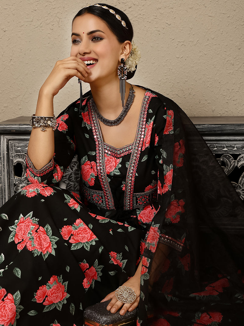 Black Rayon Calf Length Printed V-Neck Anarkali Kurta Suit Set