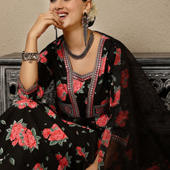 Black Rayon Calf Length Printed V-Neck Anarkali Kurta Suit Set