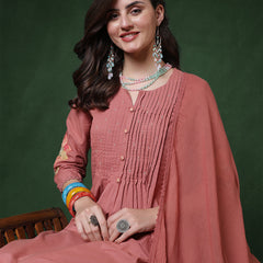 Peach Rayon Calf Length Solid 3/4 Sleeves Round Neck Semi-Flared Kurta Suit Set