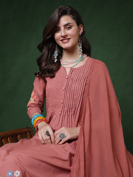 Peach Rayon Calf Length Solid 3/4 Sleeves Round Neck Semi-Flared Kurta Suit Set