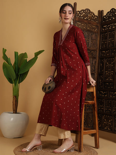 Maroon Rayon Calf Length Solid Semi-Flared V-Neck Kurta