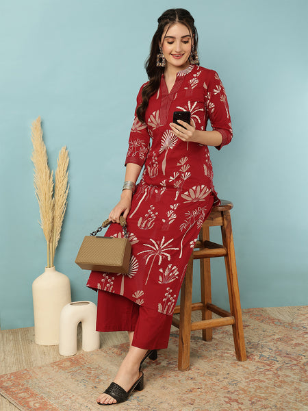 Rayon Calf Length Printed Straight 3/4 Sleeves Mandarin Neck Kurta Bottom Set