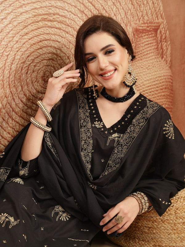 Gulmohar Jaipur Rayon Calf Length Printed 3/4 Sleeves V-Neck Straight Kurta Suit Set